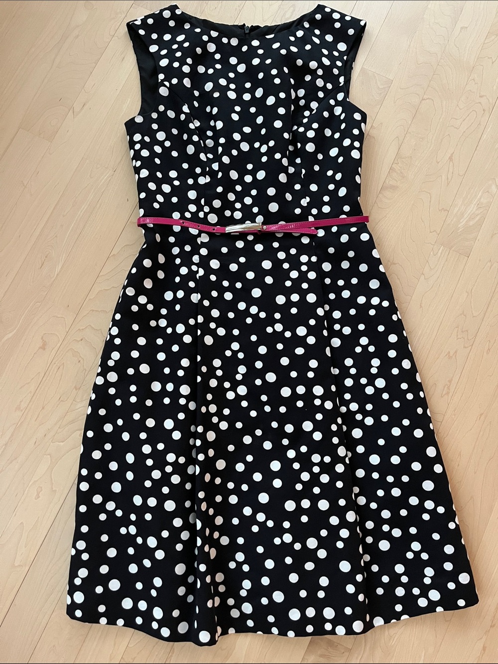 Adrianna Papell Cocktail Dress with White Polka Dots and Bright Pink Belt